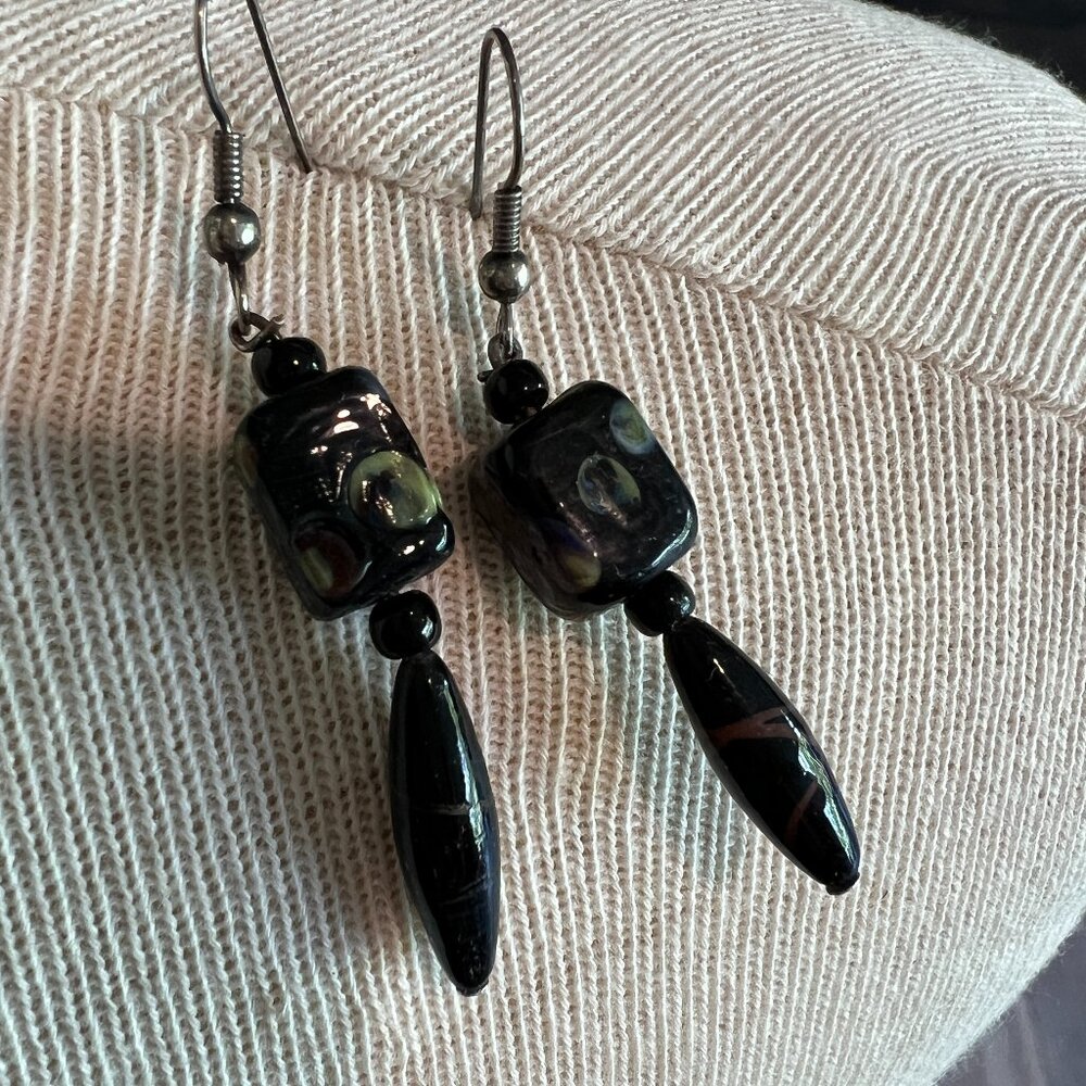 Black glass bead fish hook earrings